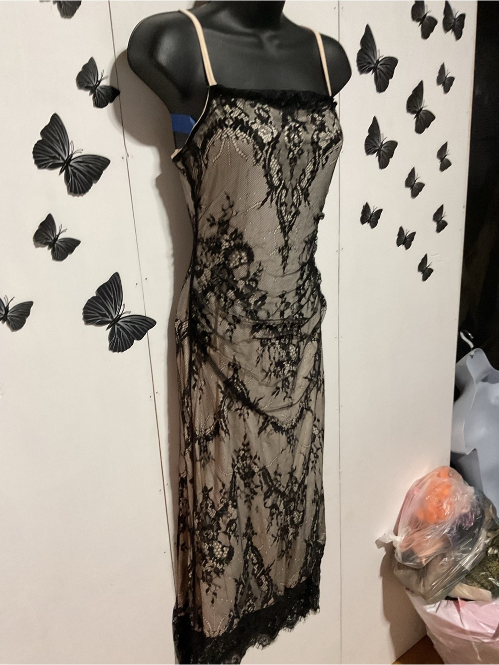 Black Lace Overlay Maxi Slip Dress with Nude Lining